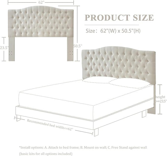 Furpopup Linen Upholstered Headboard Queen/Full Size Bed Tufted Button Headboard, Featuring High-Density Sponge Padding, Luxury Texture Easy Assembly Comfort and Style-Ivory