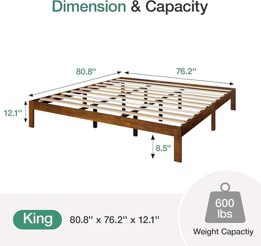 Novilla 12 Inch King Bed Frame, Classic Solid Wooden King Size Platform Bed Frame, Sturdy Wood Slat Support, No Box Spring Needed, Easy Assembly, Walnut