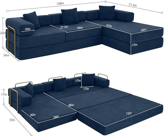 HANXIN 108 Inch Convertible Sleeper Sofa Bed, Folding Floor Mattress Couch with Fixed-Shape Frame, Futon Boneless Couch Lounge Loveseat with Pull Out Bed, No Assembly Required (Blue)