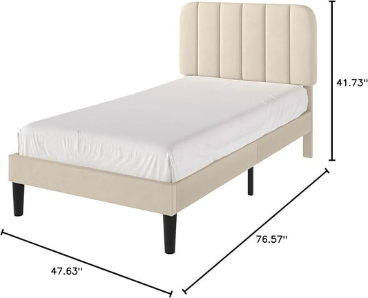 VECELO Twin Size Bed Frame with Upholstered Headboard, Velvet Platform Bedframe Mattress Foundation, Strong Wood Slat Support, No Box Spring Needed,Bone Beige