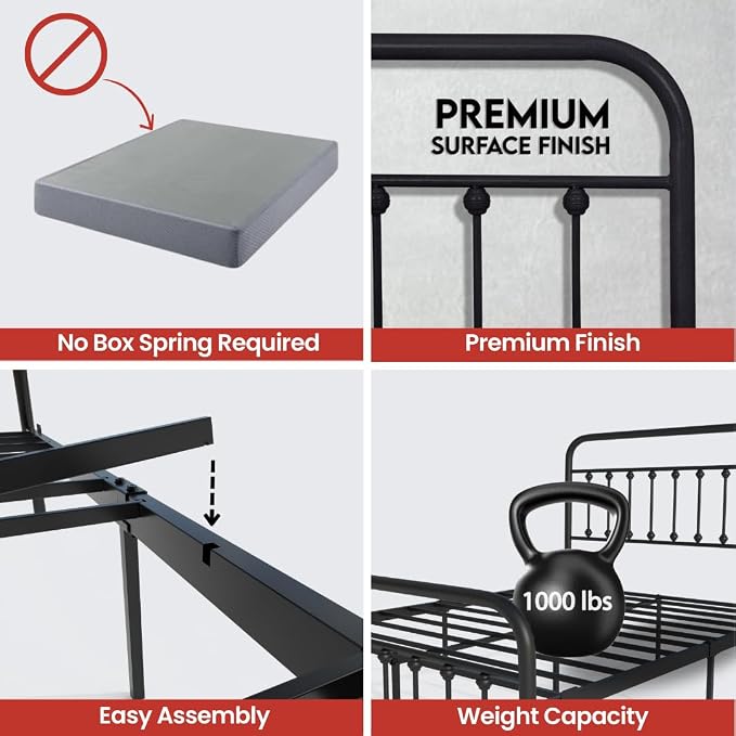 AMBEE21 Golden Gate Beds Vintage Style Metal Bed Frame with Wrought Iron Headboard and Footboard, Classic Platform Bedframe with Storage, No Box Spring Needed, Mattress Foundation, Black, Full Size