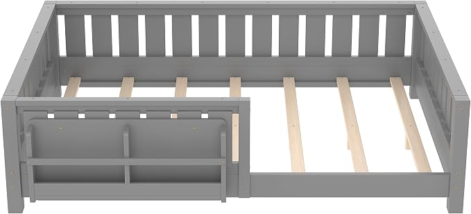 Bellemave Gray Montessori Floor Bed with Fence and Slats, Full Size Montessori Floor Bed with Bookcase and High Rails, Easy Assemble Bed Frame for Girls, Boys, Full