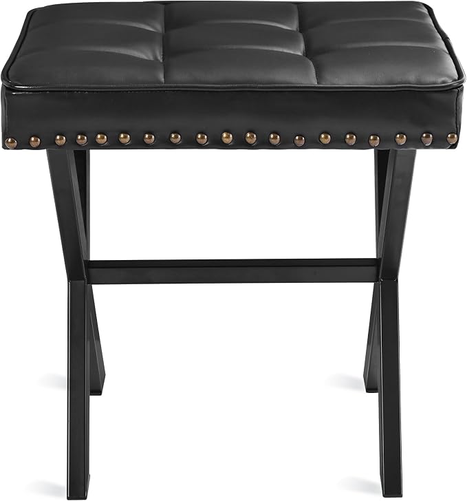 LUE BONA Vanity Stool - Square Faux Leather Makeup Seat With Metal X Legs, Small Ottoman Chair for Makeup Room, Living Room - Modern Padded Foot Rest, Black