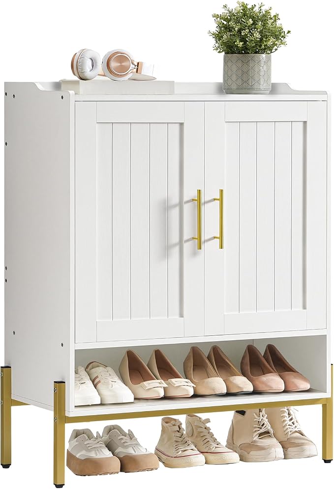 HOOBRO Shoe Cabinet, 5-Tier Shoe Storage Organizer with Doors, Wooden Shoe Cabinet Storage for Entryway, Freestanding Shoe Rack Cabinet with 3 Adjustable Shelves for Hallway, Gold and White DW41SC01