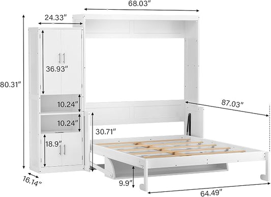 PVWIIK Queen Size Murphy Multifunctional Bed Frame with Desk & Storage Shelf & USB for Adult Boys Girls,Wall Bedframe Folding into Cabinet Design,White