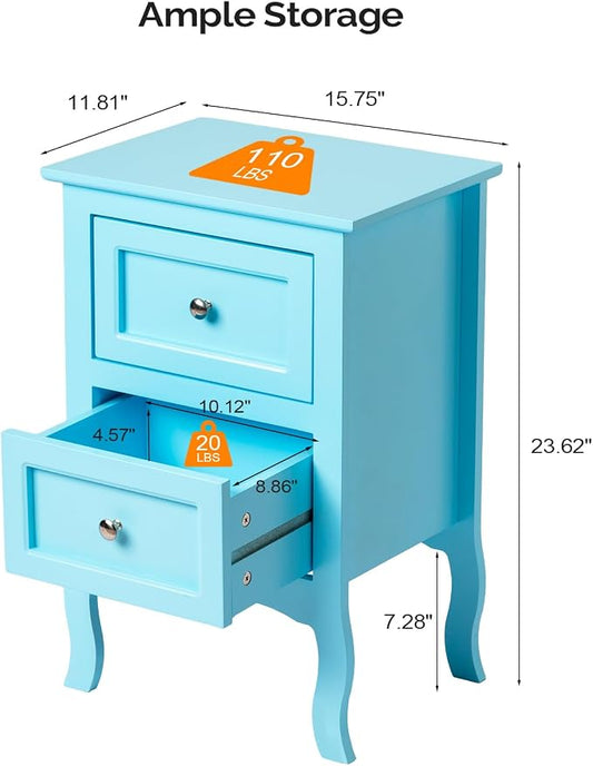 Bonnlo Nightstand Set of 2, Nightstands with 2 Drawers, Blue Nightstand, Bed Side Table/Night Stand, Small Nightstands for Bedroom, Small Spaces, College Dorm, Kids’ Room,Living Room, Wood,16W*12D*24H
