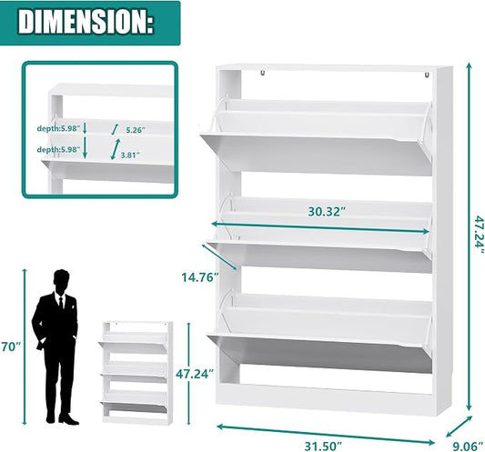 Xixini Shoe Storage Cabinet for Entryway with 3 Flip Drawers, Sturdy Wood Hidden Shoe Storage, Freestanding Narrow Slim Shoe Organizer for Front Door Entrance, Living Room, Hallway, Bedroom, White