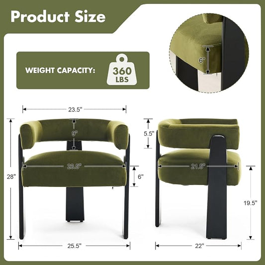 Hyfirm Modern Dining Chairs Set of 4, Upholstered Velvet Barrel Accent Chairs with Backrest & Arms, Wide and Thicker Padded Kitchen Side Chair with Wooden Legs for Dining Room, Livingroom, Dark Green