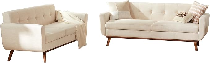 Kingfun 2 Piece Loveseat and Sofa Sets, Mid Century Modern Decor Love Seat Couches for Living Room, Button Tufted Upholstered Furniture, Easy to Install Small Couch for Bedroom, Office, Beige | linen fabric