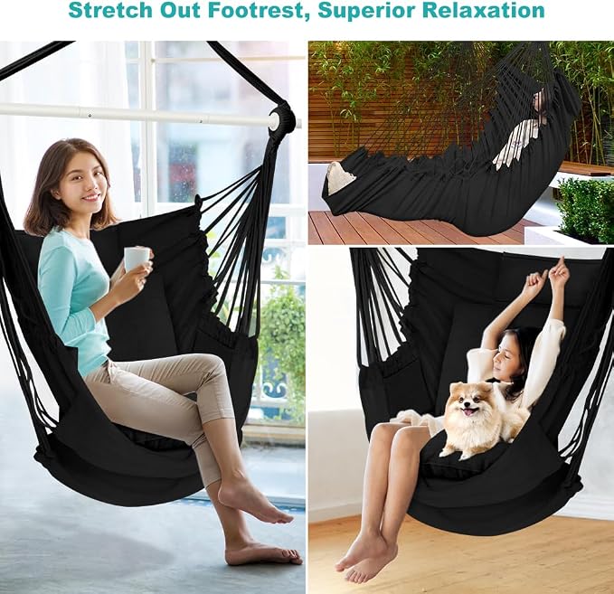 Outerman Hammock Chair, Hanging Chair with 3 Cushions and Foot Rest Support, Durable Metal Spreader Bar Max 500Lbs, Swing Chair for Bedroom, Indoor & Outdoor, Patio, Porch or Tree(Black)…