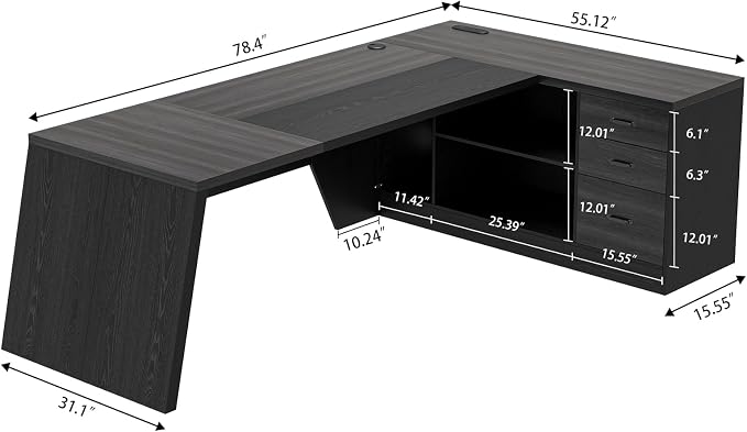 Epecoya 78 Inch L Shape Executive Desk, Large Modern Home Office Desk with Drawer and Cord Hold Management, Wooden Business Furniture for CEO Boss Manager, Black Gray