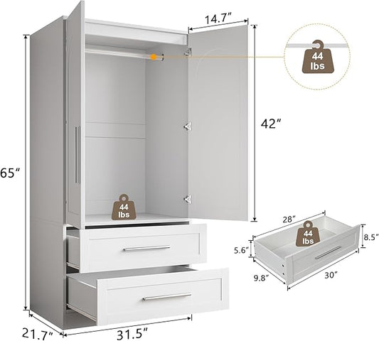 iPormis Armoire Wardrobe Closet with 2 Drawers, Modern Wooden Bedroom Armoire with Doors, Clothing Storage Cabinet with Aluminum Hanging Rod, Wardrobe Storage with Strong Door Closure, White