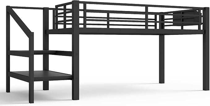 Bellemave Twin Size Loft Bed with 9 Non-Woven Fabric Storage Drawers, Low Loft Bed with Stairs and Lights, Twin Loft Beds with High Rails, Noise Reduced Black