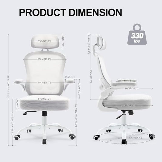 Ergonomic Office Chair,Ultra Thick Spring Cushion Desk Chair,Grey | Adjustable Lumbar Support and Headrest,Flip-up Arms,Rocking Function,Mesh Home Office Computer Chair