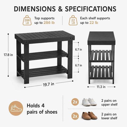 Shoe Rack Bench, 3-Tier Shoe Storage Organizer for Entryway , Shoe Shelf for Small Spaces, Multi-Functional Side Table Plant Stand, Shoe Stand for Bedroom, Living Room, Closet, Front Door, Black