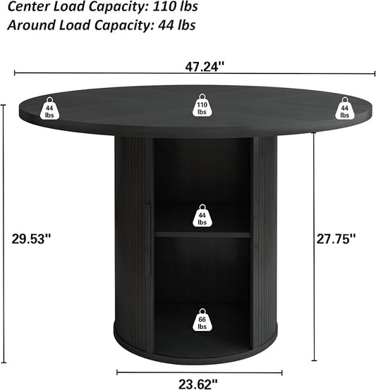 weselon 47 inch Round Dining Table for 4, Kitchen Table Dinner Table with 2-Layer Storage Shelf and Wood Slide Door for Home Dining Room Living Room (Black)