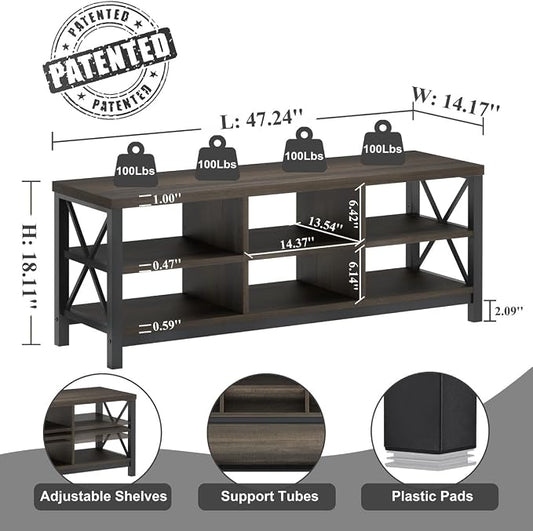 FATORRI Shoe Bench Entryway with Storage, Industrial Wood and Metal Hallway Benches with Adjustable Shelves, Rustic Entry Way Bench for Living Room (47.24 Inch Long, Walnut Brown)