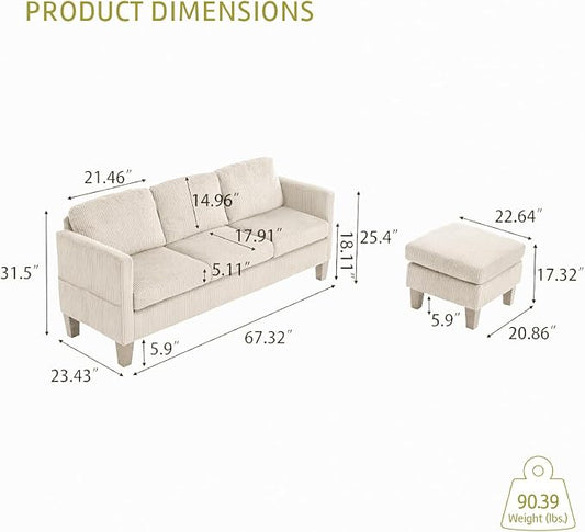 67'' L-Shaped Velvet Modular Sectional Couch Sofa with Ottoman, 3-Seat Convertible Cloud Deep Seat Sofa Couches for Living Room Bedroom Apartment, Cozy Chaise Lounge Sofas (Off White)