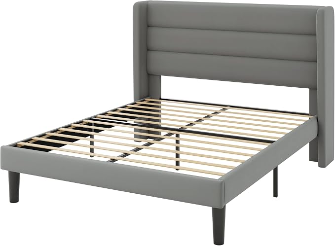 Allewie Queen Size Platform Bed Frame with Velvet Upholstered Wingback Headboard, No Box Spring Needed, Under Bed Storage Space, Strong Wooden Slats, Modern Mattress Foundation, Easy Assembly, Grey