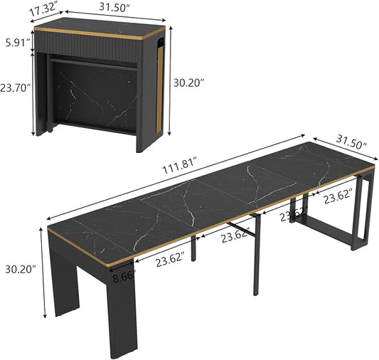 Extendable Dining Table, Transformer Folding Console Table for 2-8 People, 17"-112" Space Saving Dining Room Table, Wood Black Faux Marble Dining Table, Kitchen and Dining Room Furniture (No Chairs)