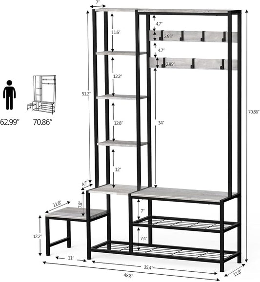 Espelism Hall Tree with Shoe Storage Bench Coat Rack with 7 Hooks Interchangeable 4 Tier Side Storage Shelves Small Cute Side Bench Industrial 5-in-1 Entryway Coat Rack for Hallway Mudroom Bedroom