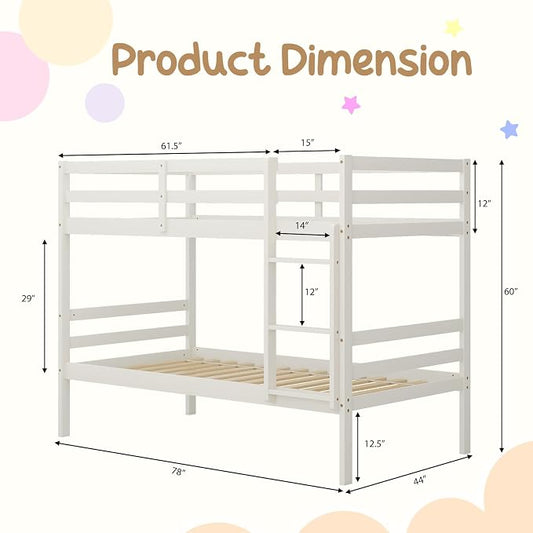 KOMFOTT Wood Bunk Bed Twin Over Twin, Bunk Bed with Ladder & Safety Guardrail, Solid Wood Bed Frame, Ideal for Dormitory & Multiple-Child Family, No Box Spring Needed, Kids Bed Frame