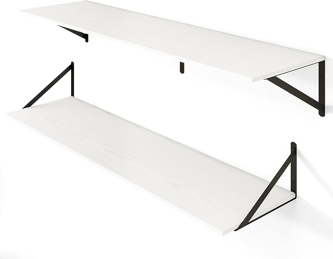 Heimlove White Deep Floating Shelves for Wall, 44W x 12D Wood Wall Shelves Set of 2, Wide Floating Bookshelf for Living Room, Kitchen, Office, Bedroom and Decor Storage, with Black Bracket - White