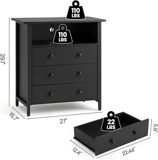 27" LED Nightstand Set 2 with Charging Station & 3 Drawers, Black | Solid Wood and Steel Frame, 2 AC Outlets, 2 USB Ports, RGB App Control, Open Storage, Adjustable Feet, for Bedroom or Office