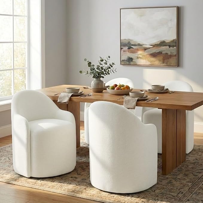 KISLOT Upholstered Dining Chairs with Casters, No Assembly Modern Dining Room Chairs Accent Vanity Chair with 5 Wheels & Round Backrest for Bedroom, Living Room, Dressing, Linen Fabric, Set of 2