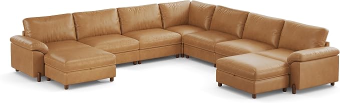SITJOY Large Cloud Couch, 138" Wide 7 Seater V Shape, Faux Leather in Brown | Pet-Friendly Scratch-Resistant Leather Sectional Sofas for Living Room, Deep Seat Wide Couch with Chaise, Storage Ottoman