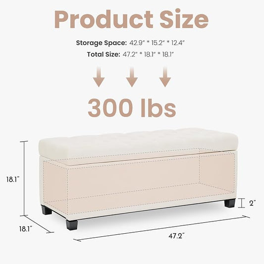 47.2" Ottoman with Storage, Storage Ottoman Bench with Safety Hinge,Tufted End of Bed Bench, Upholstered Entryway Bench for Bedroom, Living Room & Window (Ivory-Upgraded Version)