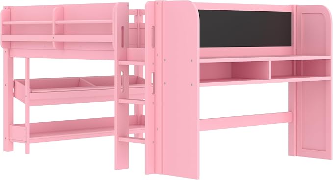 Bellemave Full Size Low loft Bed with Desk and bookcases, Boxes and Drawers for Kids,Wood Modern Farmhouse Kids Loft Bed with Shelf, Pink