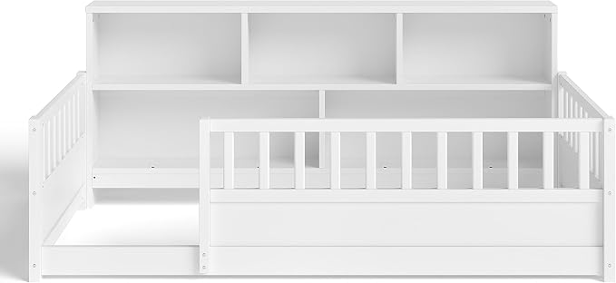 Bellemave Twin Size Montessori Floor Bed with Bookcase, Twin Floor Bed with Rails and Storage Shelves, Easy Assemble Montessori Beds Frame for Girls, Boys, White