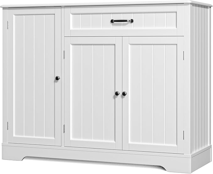 Gizoon Kitchen Coffee Bar Cabinet with Storage Kitchen Sideboard Buffet Cabinet with Drawers, Short Pantry with Door and Shelves for Bathroom and Living Room, White, Painted
