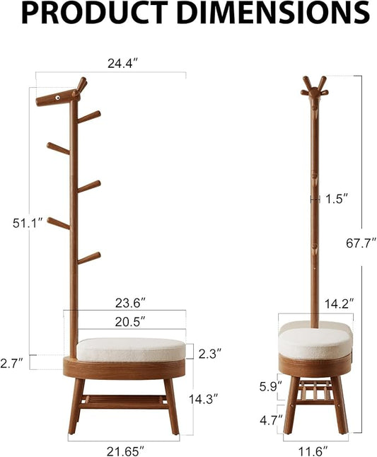 AQIMUELE Entryway Shoe Rack with Coat Rack, Wooden Shoe Bench with Upholstered Cushion, 3-in-1, 2-Tier Shoe Storage and Cute Animal Hooks for Entryway, Hallway, Closet (Walnut 24.4")