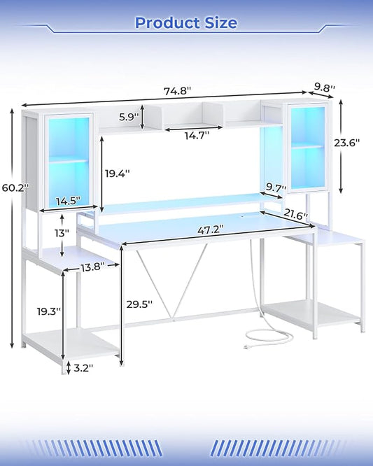 SEDETA Gaming Desk 74.8'' with LED Lights, Hutch and Storage Shelves, Computer Desk with Monitor Stand, Large PC Gamer Desk Workstation, Ergonomic Gaming Table for Bedroom, Living Room, White