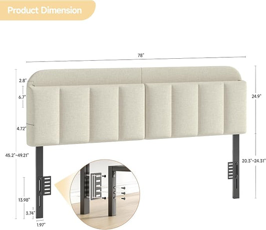 Adjustable Headboard for King/California King Size Bed Frame, Linen Fabric Bed Headboard with Storage & RGB LED Light in Modern Vertical Channel Design, White