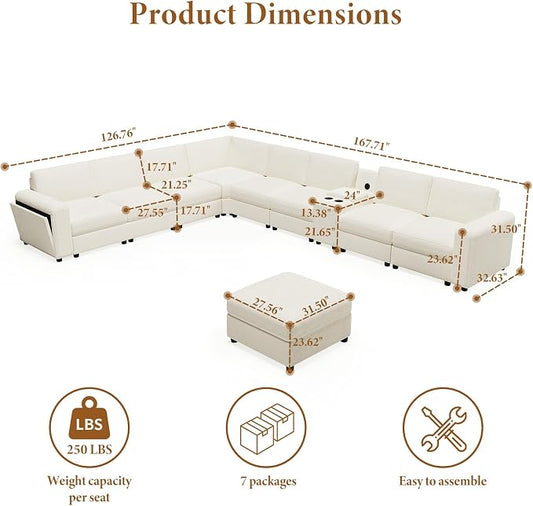 Vesgantti Oversized Modular Sectional Sofa, 8-Seater Chenille L Shaped Modular Couch with Ottoman, 2 Cup Holders, USB Port, Storage Box, Sectional Couches for Living Room, Meeting Room, Beige
