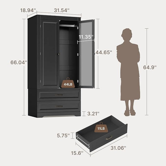 Gizoon Wood Wardrobe Closet with Full Length Mirror, Wooden Armoire with Hanging Rod & 2 Drawers, Bedroom Clothing Storage Cabinet, Anti-tip, Mirror Can Be Installed on Left/Right Door Freely, Black