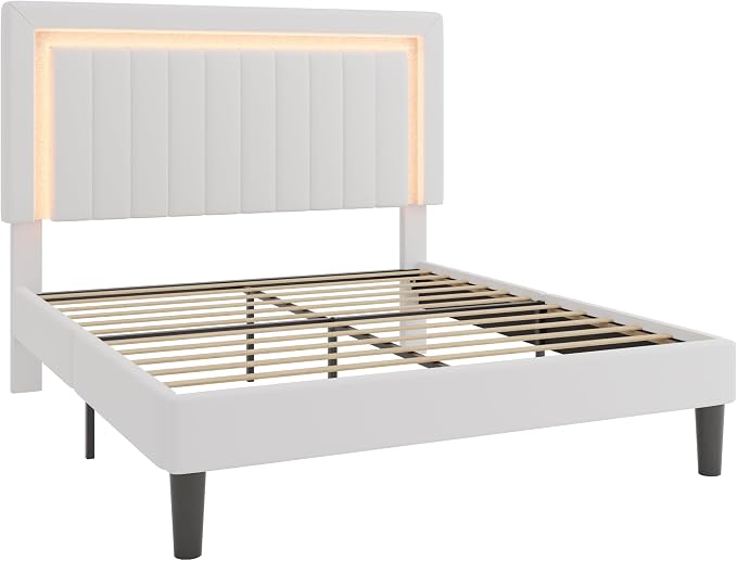 SHA CERLIN Full Size Velvet Bed Frame with LED Light, Adjustable Vertical Channel Tufted Headboard, Strong Wooden Slats Support, Noise-Free, No Box Spring Needed, White