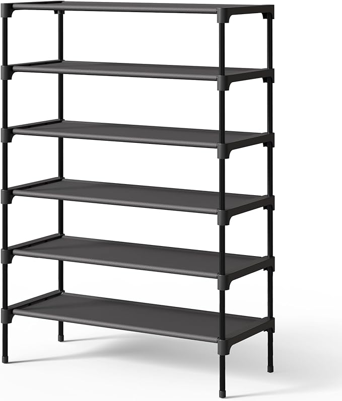 Kitsure Shoe Rack - Non-Woven Shoe Rack Shelf, Shoe Organizer for Closet, Entryway, Garage & Corridor, Stackable Shoe Shelves, 27.5" Wide - 6 Tier, Black