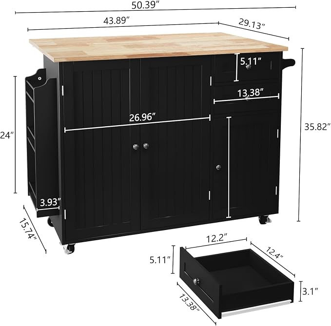 HLR Kitchen Island with Storage, Black Rolling Kitchen Island on Wheels with Drop-Leaf Bar Countertop, Island Table for Kitchen with Side Open Spice Rack and Tower Rack, Extra Storage for Kitchen