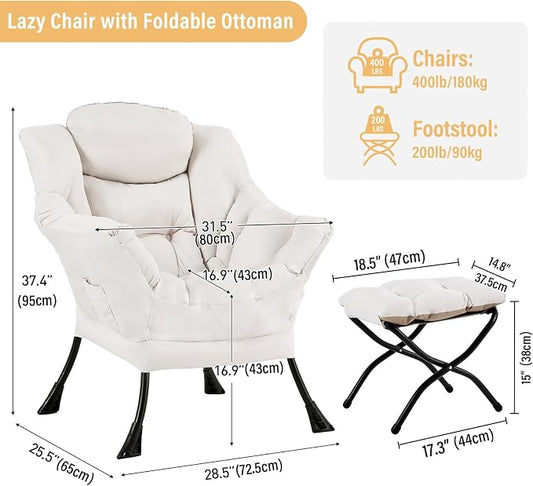 Furlide Lazy Chair with Ottoman, Modern Accent Chair with Armrests and a Side Pocket, Beige Accent Chairs, Reading Chairs, Oversized Armchairs for Bedroom, Study, Living Room, Courtyard