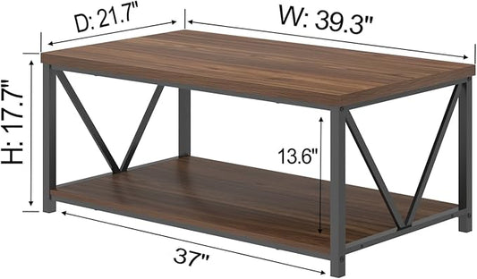 FOLUBAN Coffee Table, Modern Center Table with Storage Shelf, Rustic Wood and Metal Cocktail Table for Living Room, 39.3 Inch Walnut