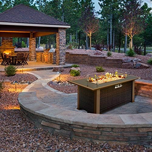 SereneLife Outdoor Gas Fire Pit Table, 50,000 BTU Propane Burner, Auto Ignition, Tempered Glass Wind Guard, Stainless Steel Control Panel, Clear Glass Rocks, Patio Backyard Firepit Table