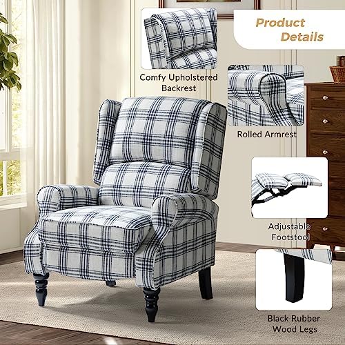 HULALA HOME Upholstered Wingback Recliner Chair, Small Adjustable Footrest Push Back Single Reclining Sofa, Mid Century Modern Lounge Armchair for Living Room, Bedroom, Reading/Plaid Black