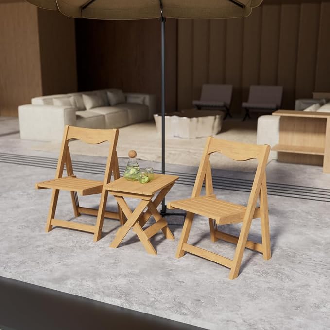 Patio Bistro Set, 3-Piece Foldable HIPS Outdoor Table and Chairs Set with Rectangular Table 2 Chairs for Balcony Garden Porch Small Space, Teak