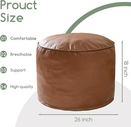 HIGOGOGO Round Stuffed Pouf Ottoman, Pu Leather Poufs with Foam Chunk Filling Foot Stool Storage Ottoman, 26 X 18 Floor Poufs Foot Rest for Living Room, Brown