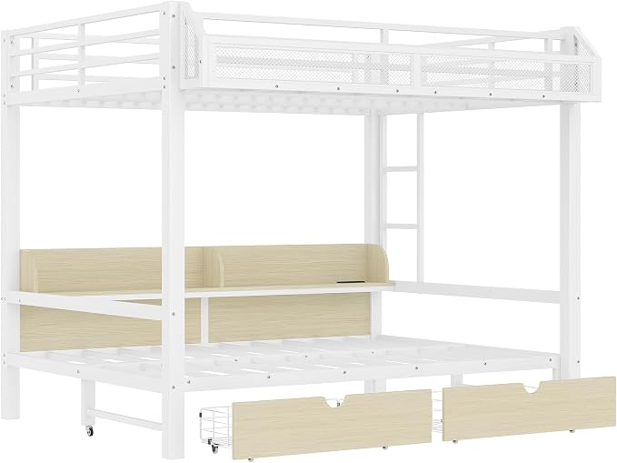 Bellemave Bunk Bed Queen Over Queen,Metal Bunk beds with Storage Shelves and Drawers USB Ports and LED Lights, Lower Bed That can be Converted into a Sofa, White