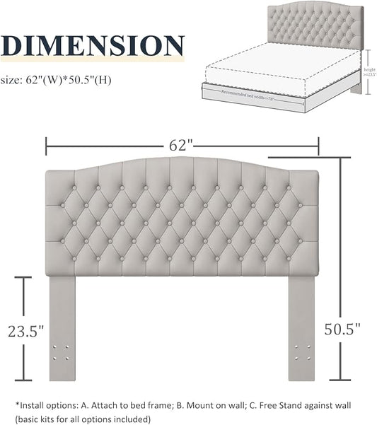 Furpopup Velvet Queen Size Headboard Only Upholstered Wall Mount Light Gray | 2 ways to use:Wall-mounted (for adjustable bed) and bed frame mounted, Easy to assemble, Classic button design headboard